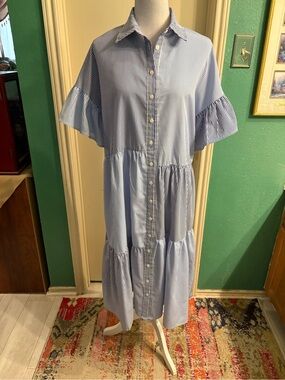 Affection Striped Blue Midi Tiered Dress with Ruffle Sleeves